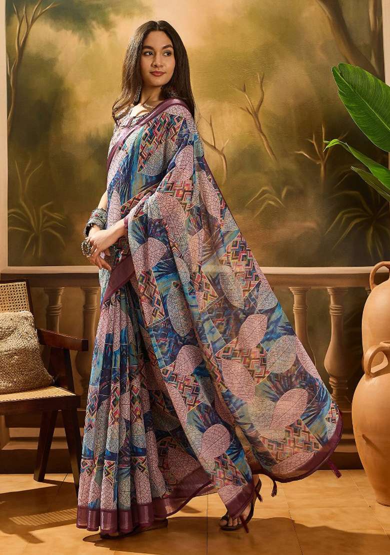 Purple Blend Cotton Saree Set with Embroidered for Diwali | Wedding & Festive Wear - Indya