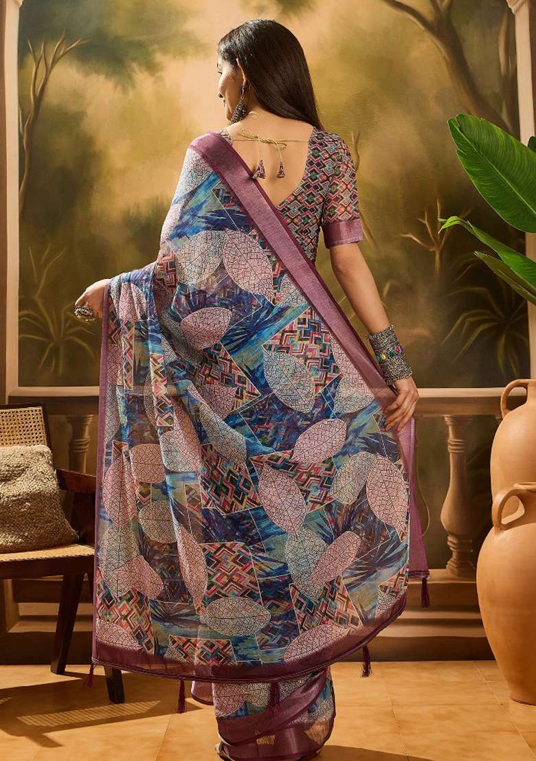 Purple Blend Cotton Saree Set with Embroidered for Diwali | Wedding & Festive Wear - Indya