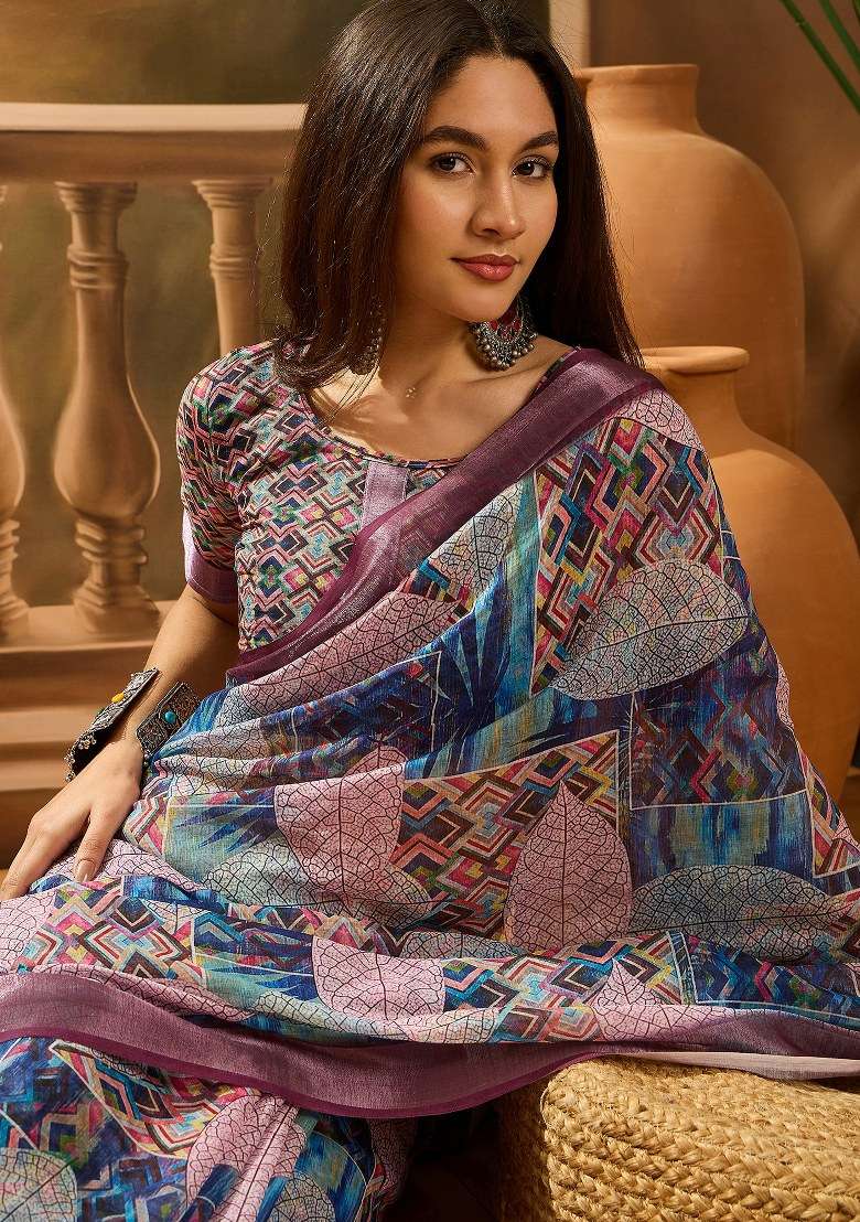 Purple Blend Cotton Saree Set with Embroidered for Diwali | Wedding & Festive Wear - Indya