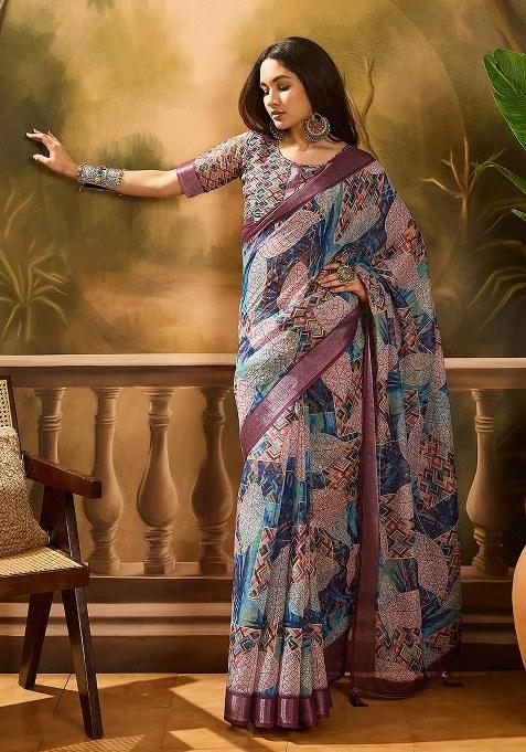 Purple Embroidered Cotton Blend Saree Set