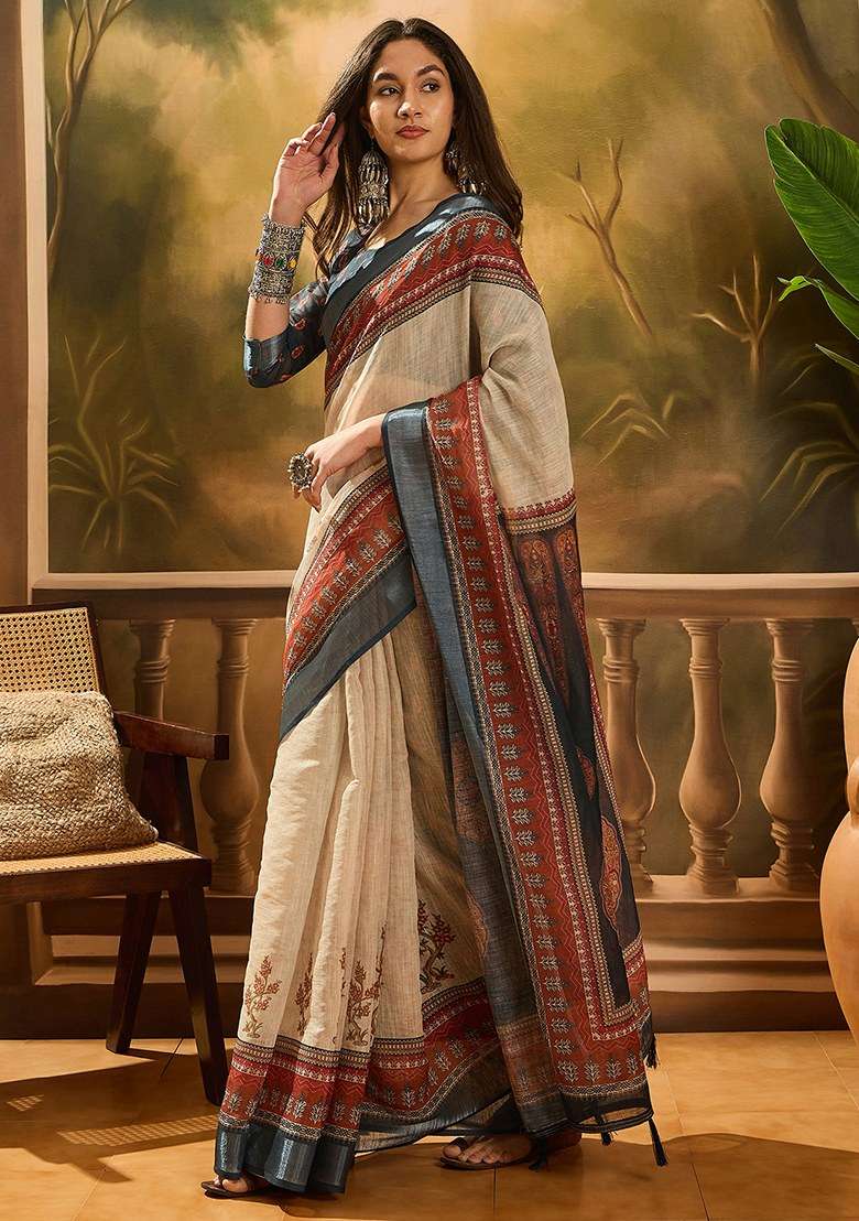 Cream Blend Cotton Saree Set with Embroidered for Diwali | Wedding & Festive Wear - Indya