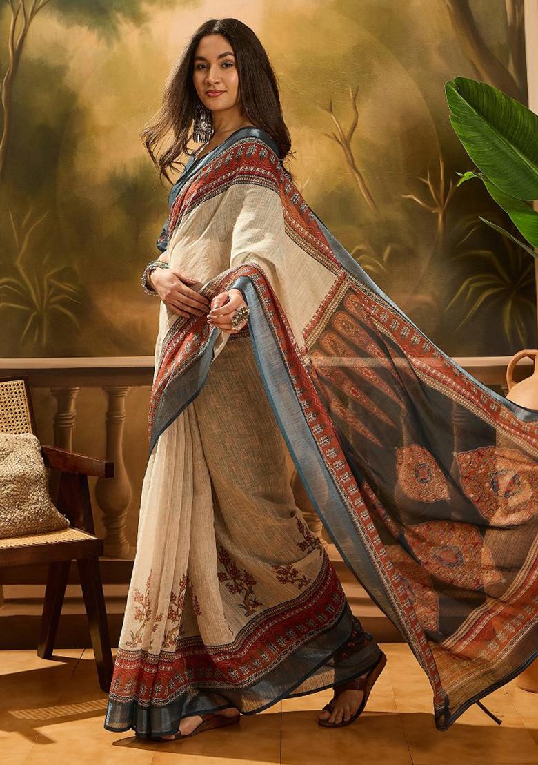 Cream Embroidered Cotton Blend Saree Set - Indya