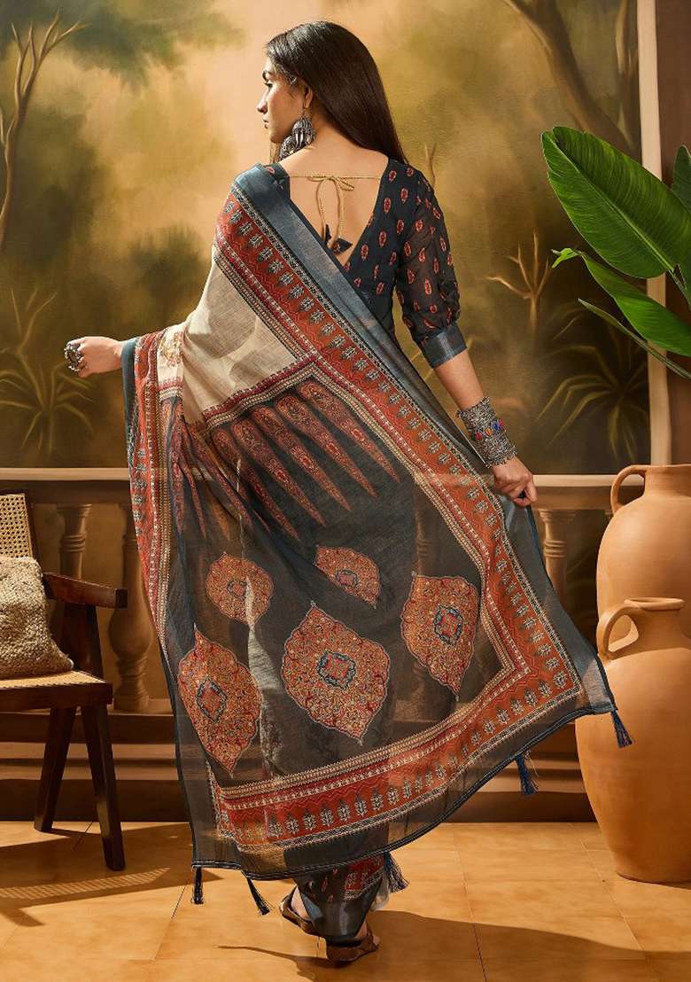 Cream Blend Cotton Saree Set with Embroidered for Diwali | Wedding & Festive Wear - Indya