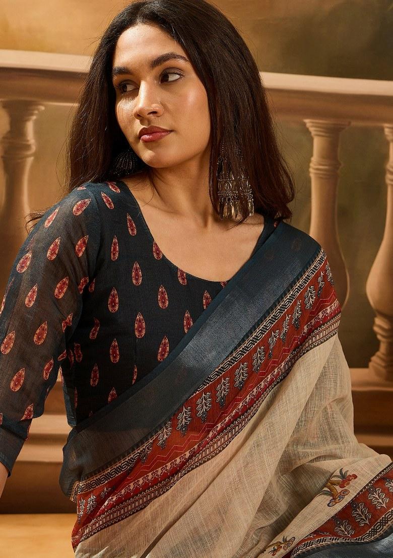 Cream Embroidered Cotton Blend Saree Set - Indya