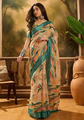 Beige Embroidered Cotton Blend Saree Set