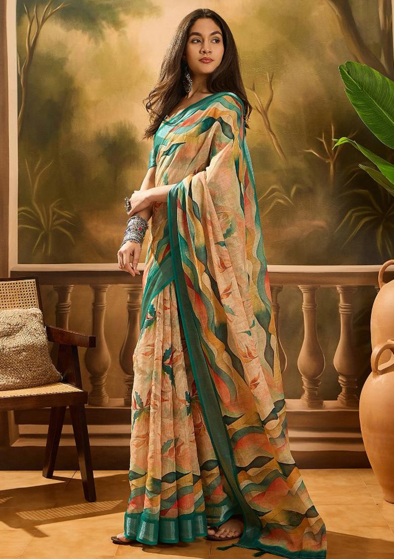Beige Embroidered Cotton Blend Saree Set - Indya