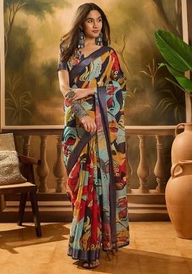 Multicolor Embroidered Cotton Blend Saree Set