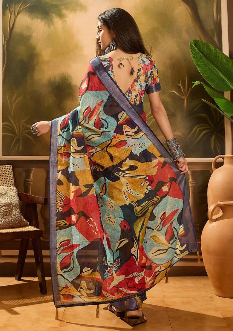 Multicolor Embroidered Cotton Blend Saree Set