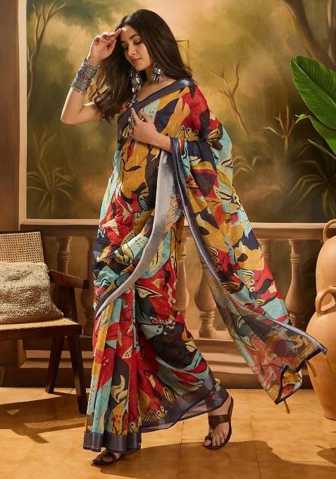 Multicolor Embroidered Cotton Blend Saree Set