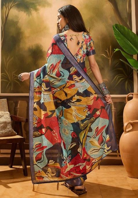 Multicolor Embroidered Cotton Blend Saree Set