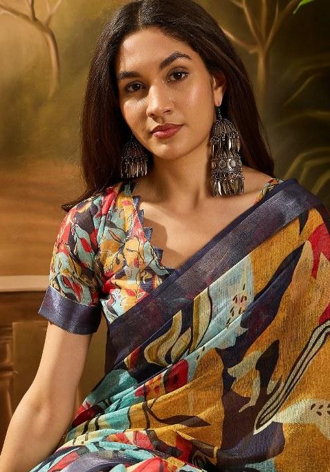 Multicolor Embroidered Cotton Blend Saree Set