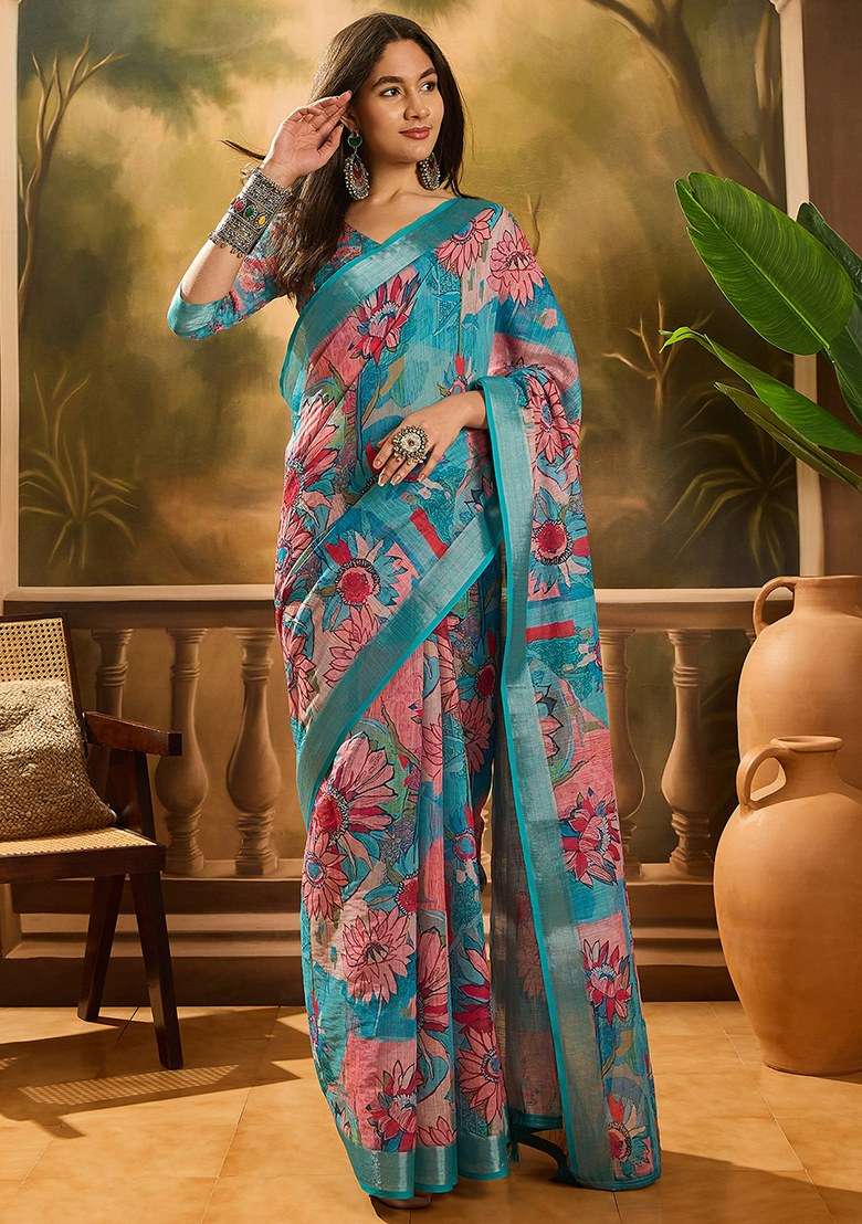Blue Embroidered Cotton Blend Saree Set for Diwali and Festive Wear - Indya