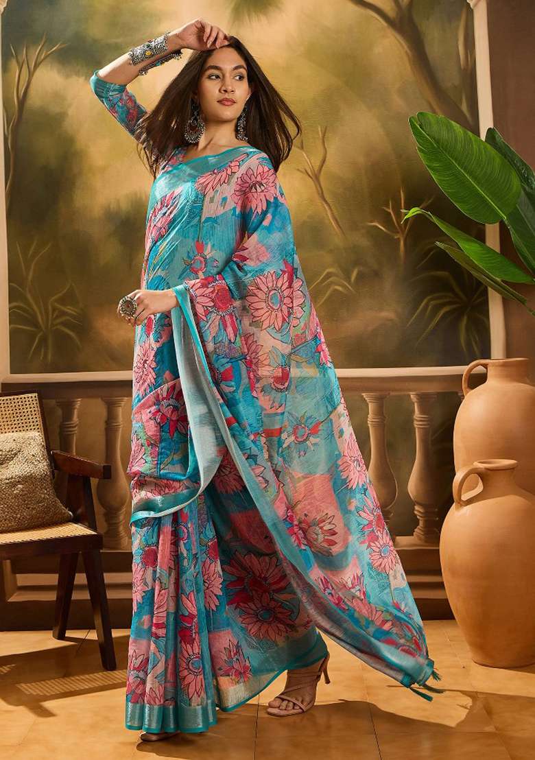 Blue Embroidered Cotton Blend Saree Set for Diwali and Festive Wear - Indya