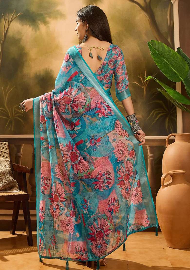 Blue Embroidered Cotton Blend Saree Set for Diwali and Festive Wear - Indya