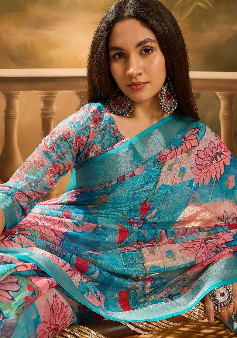 Blue Embroidered Cotton Blend Saree Set for Diwali and Festive Wear - Indya