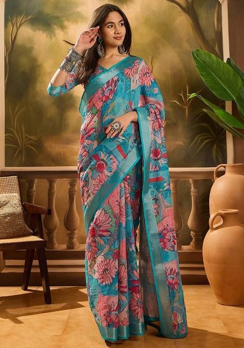 Blue Embroidered Cotton Blend Saree Set