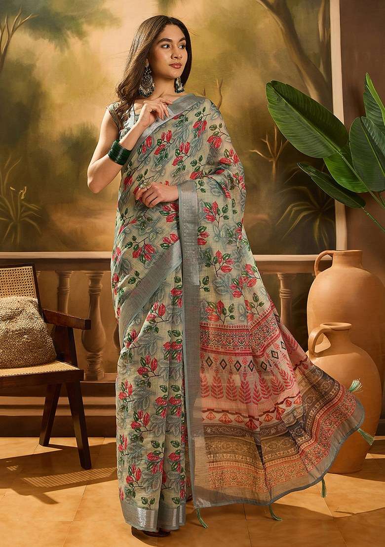 Grey Embroidered Cotton Blend Saree Set for Diwali and Festive Wear - Indya