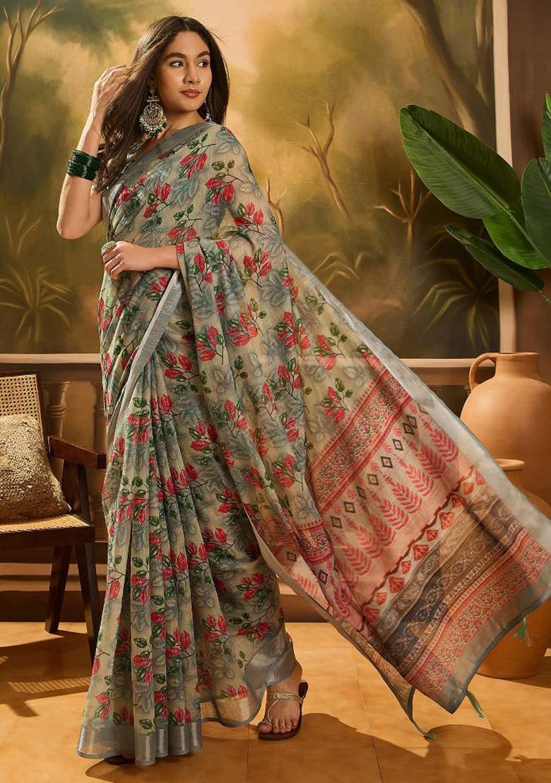 Grey Embroidered Cotton Blend Saree Set for Diwali and Festive Wear - Indya