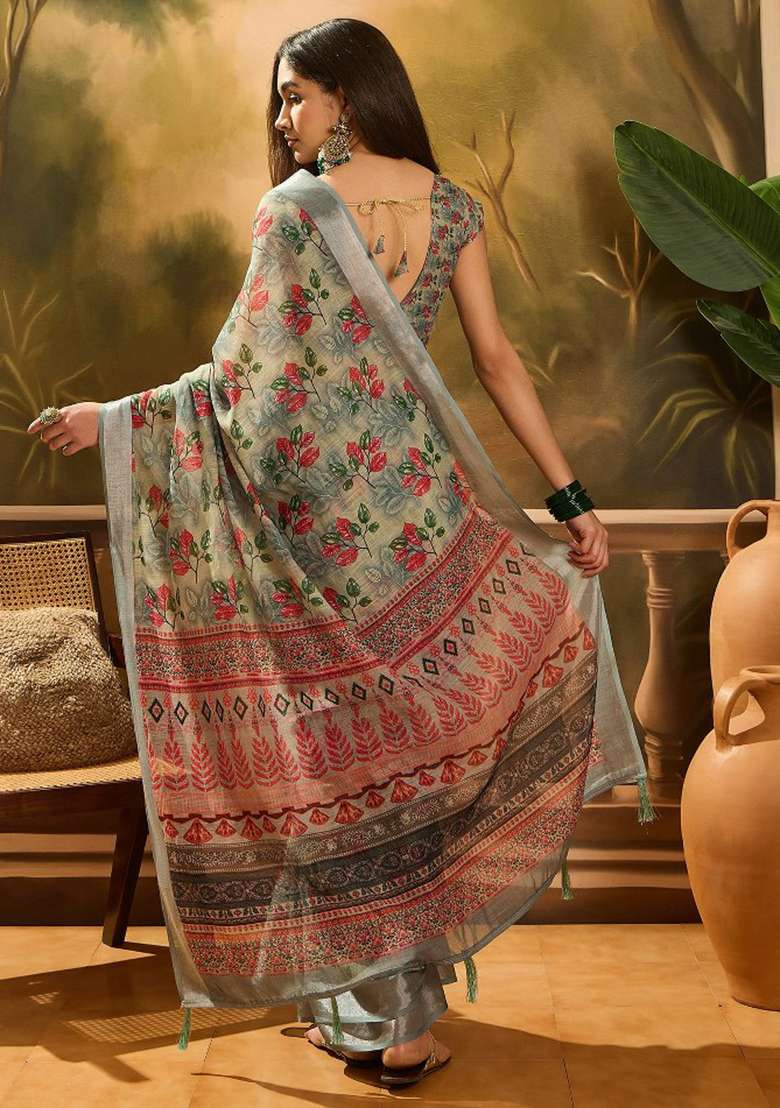 Grey Embroidered Cotton Blend Saree Set for Diwali and Festive Wear - Indya