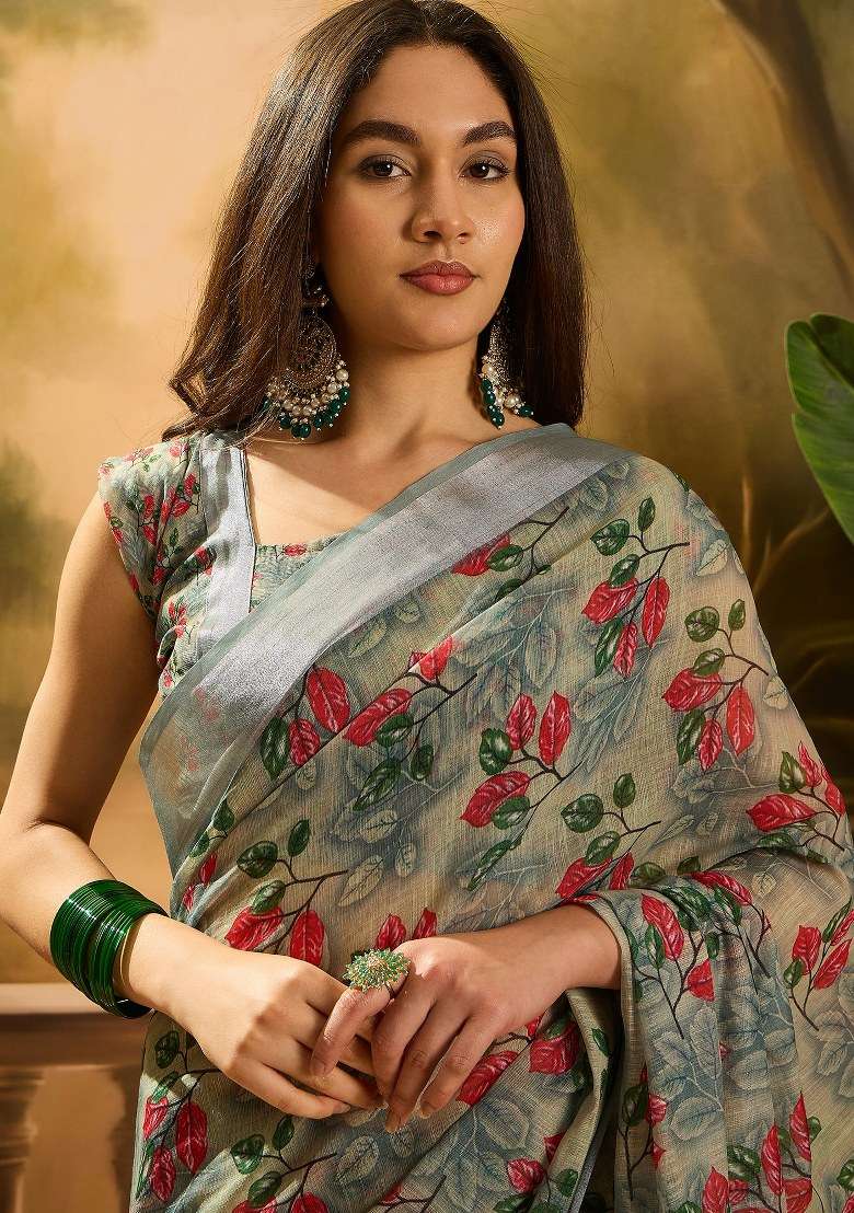 Grey Embroidered Cotton Blend Saree Set for Diwali and Festive Wear - Indya