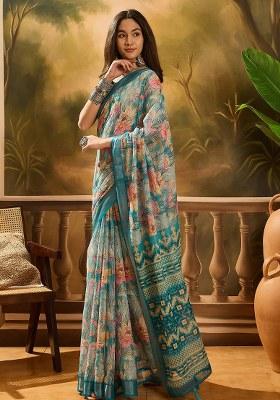 Multicolor Embroidered Cotton Blend Saree Set
