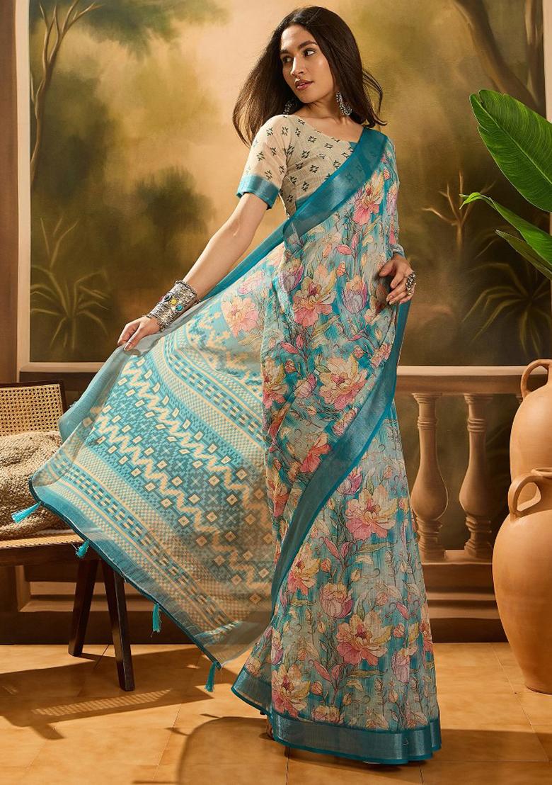 Multicolor Embroidered Cotton Blend Saree Set