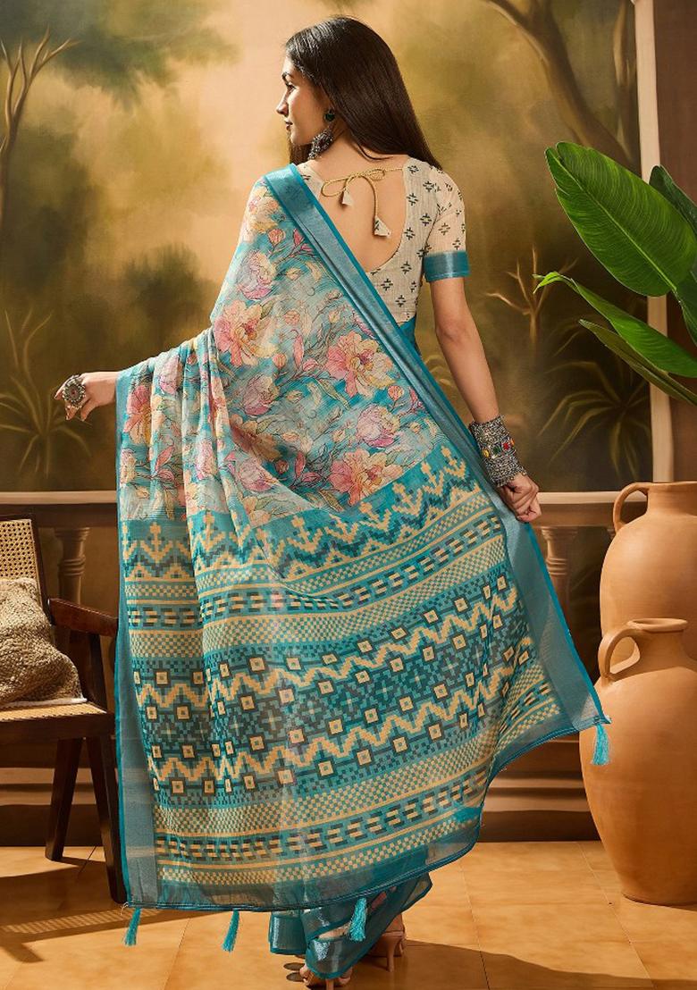 Multicolor Embroidered Cotton Blend Saree Set