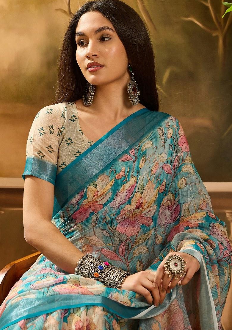 Multicolor Embroidered Cotton Blend Saree Set