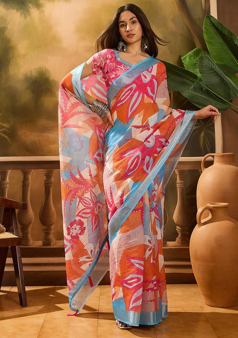 Multicolor Embroidered Cotton Blend Saree Set