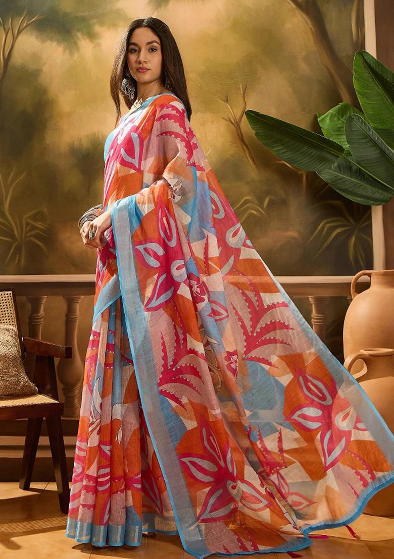 Multicolor Embroidered Cotton Blend Saree Set