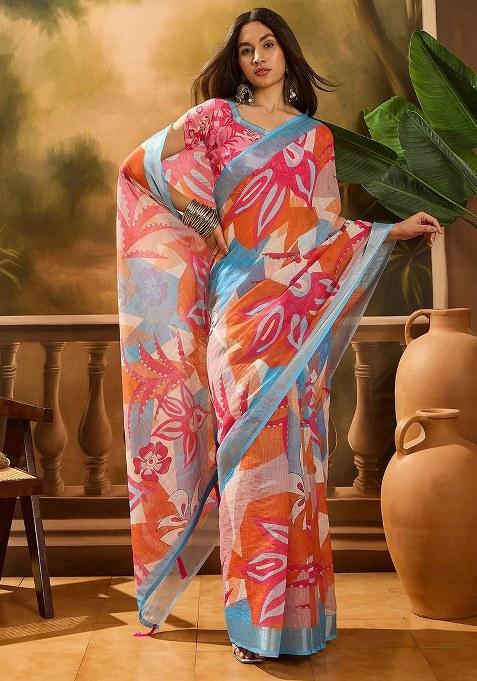 Multicolor Embroidered Cotton Blend Saree Set