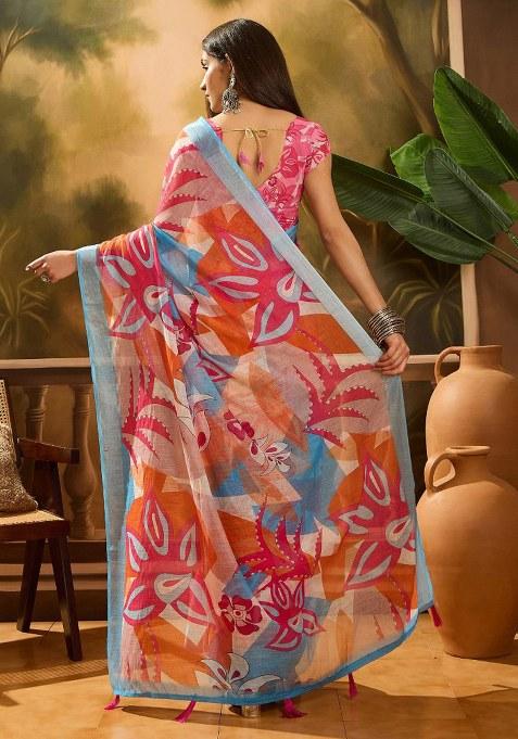 Multicolor Embroidered Cotton Blend Saree Set