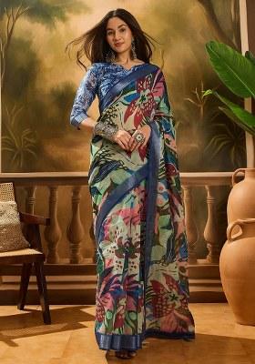 Multicolor Embroidered Cotton Blend Saree Set