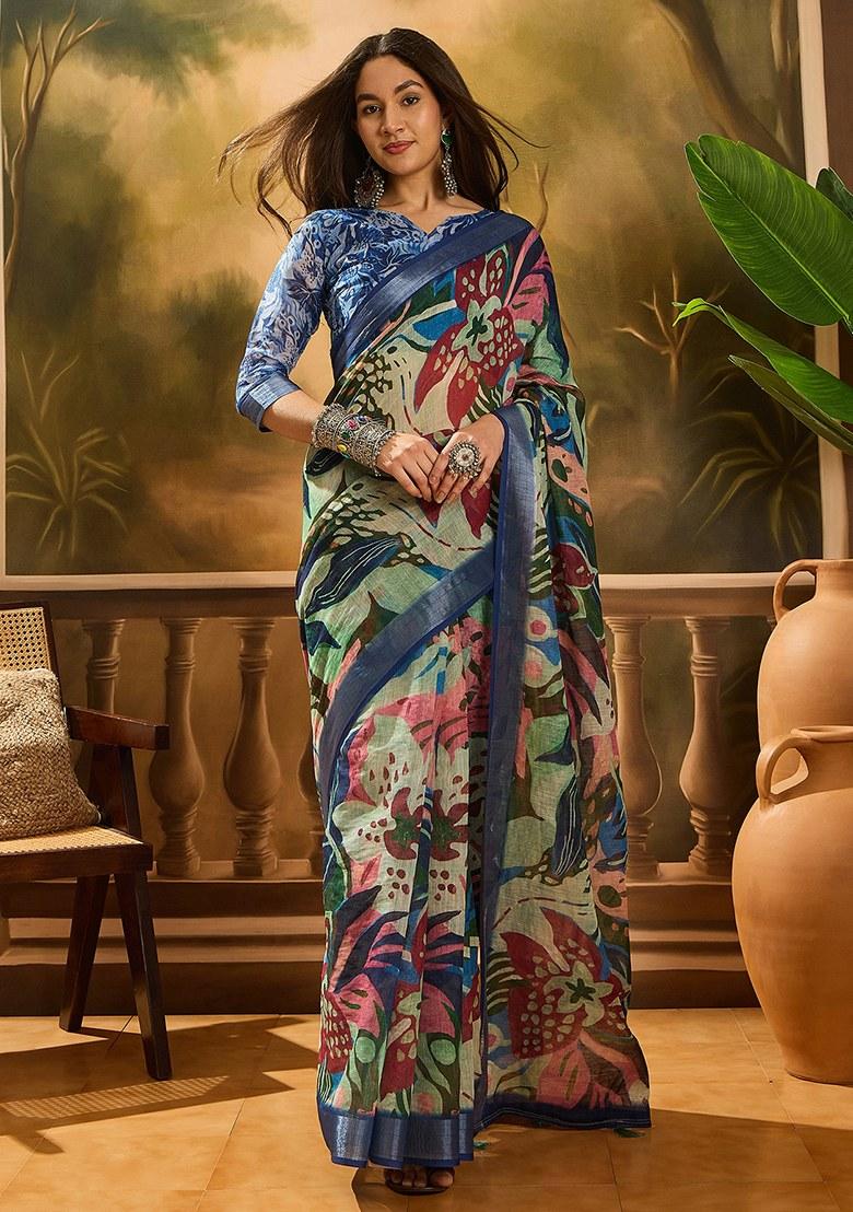 Multicolor Embroidered Cotton Blend Saree Set