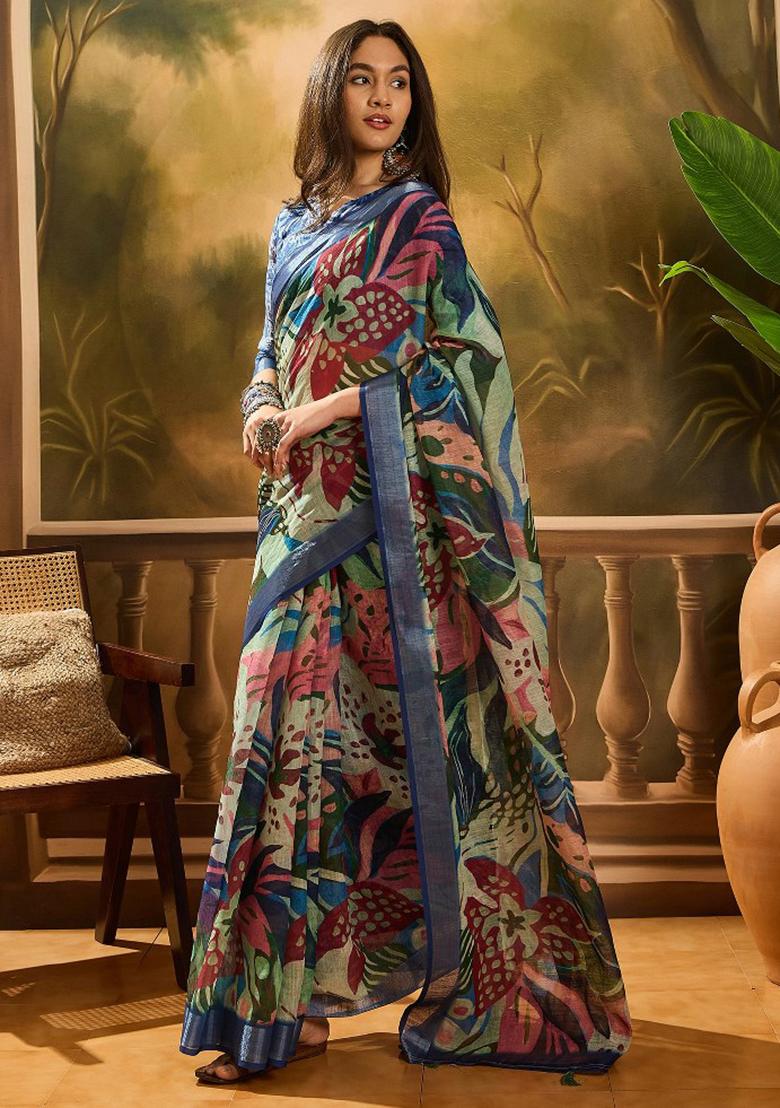 Multicolor Embroidered Cotton Blend Saree Set