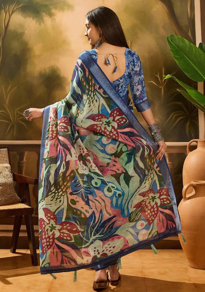 Multicolor Embroidered Cotton Blend Saree Set