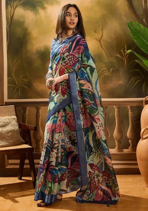 Multicolor Embroidered Cotton Blend Saree Set