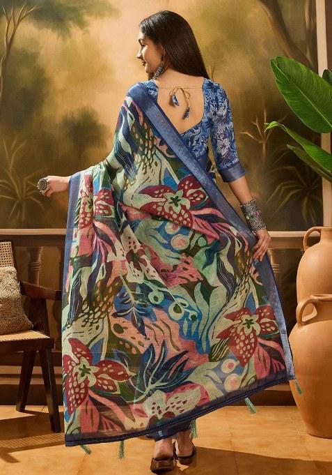 Multicolor Embroidered Cotton Blend Saree Set