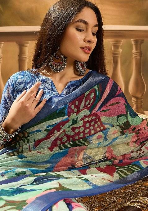 Multicolor Embroidered Cotton Blend Saree Set