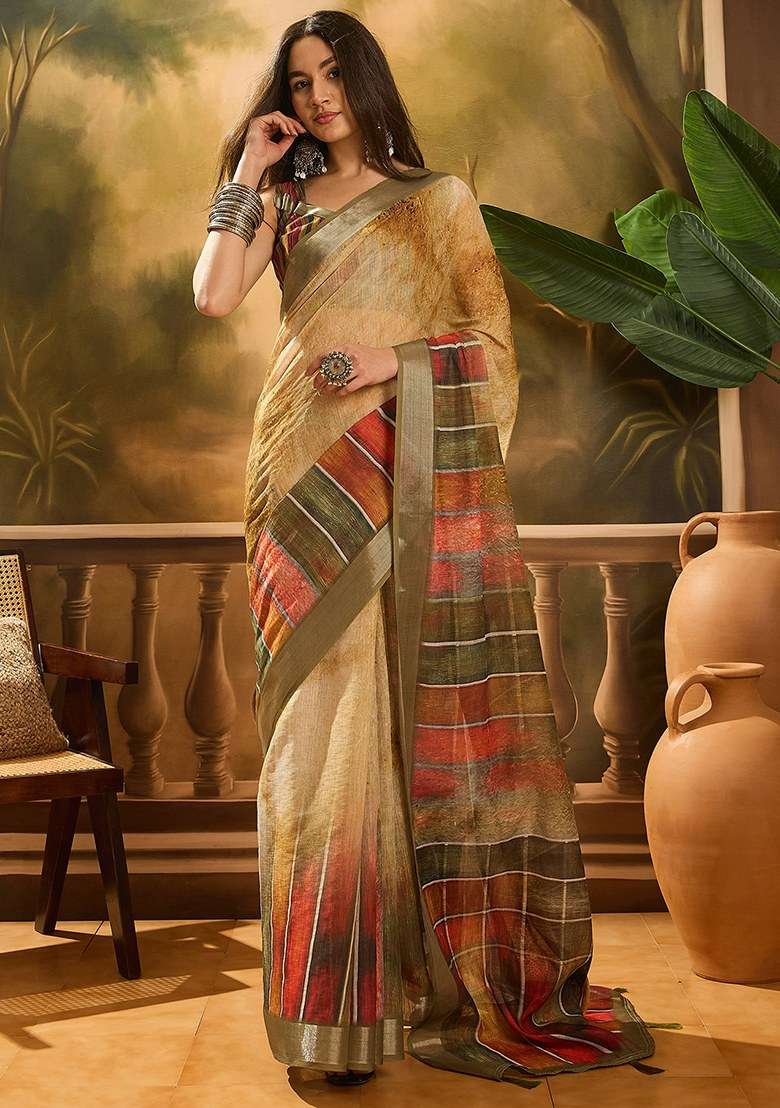 Coffee Brown Embroidered Cotton Blend Saree Set for Diwali and Festive Wear - Indya