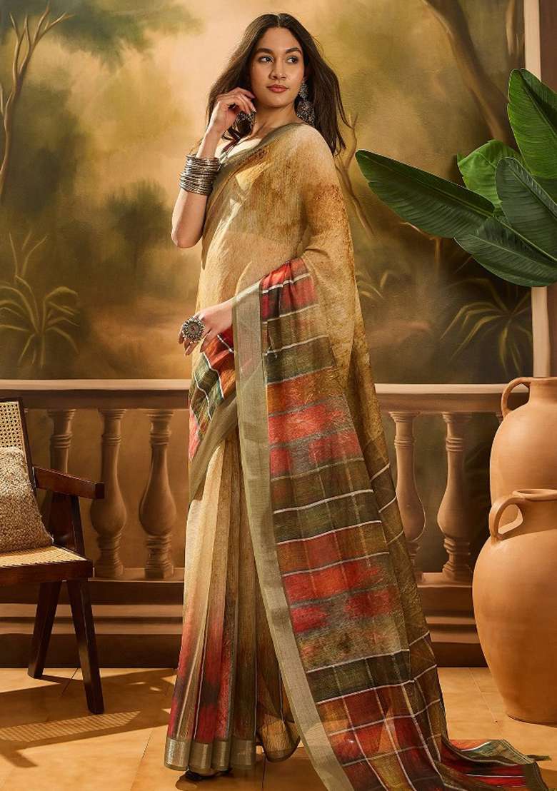 Coffee Brown Embroidered Cotton Blend Saree Set for Diwali and Festive Wear - Indya
