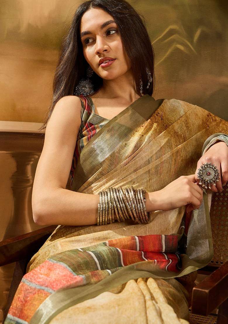 Coffee Brown Embroidered Cotton Blend Saree Set for Diwali and Festive Wear - Indya