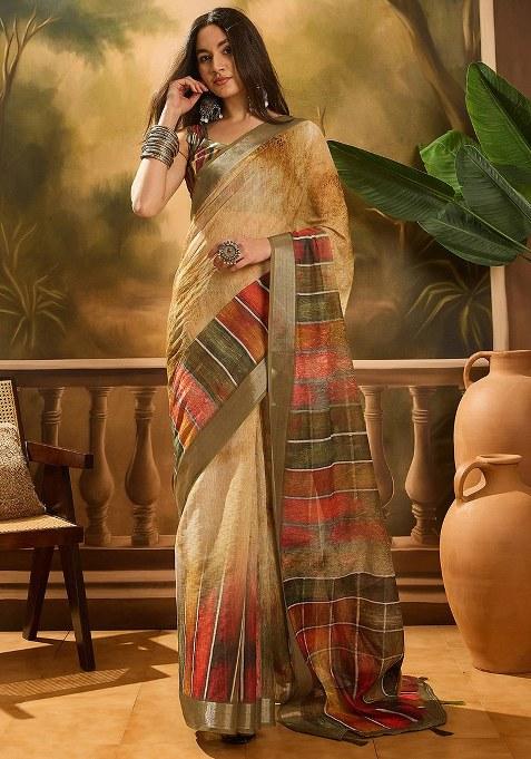 Coffee Brown Embroidered Cotton Blend Saree Set