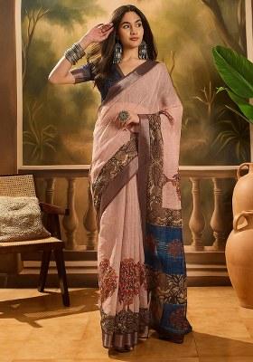 Peach Embroidered Cotton Blend Saree Set