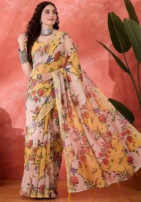 Multicolor Embroidered Cotton Blend Saree Set