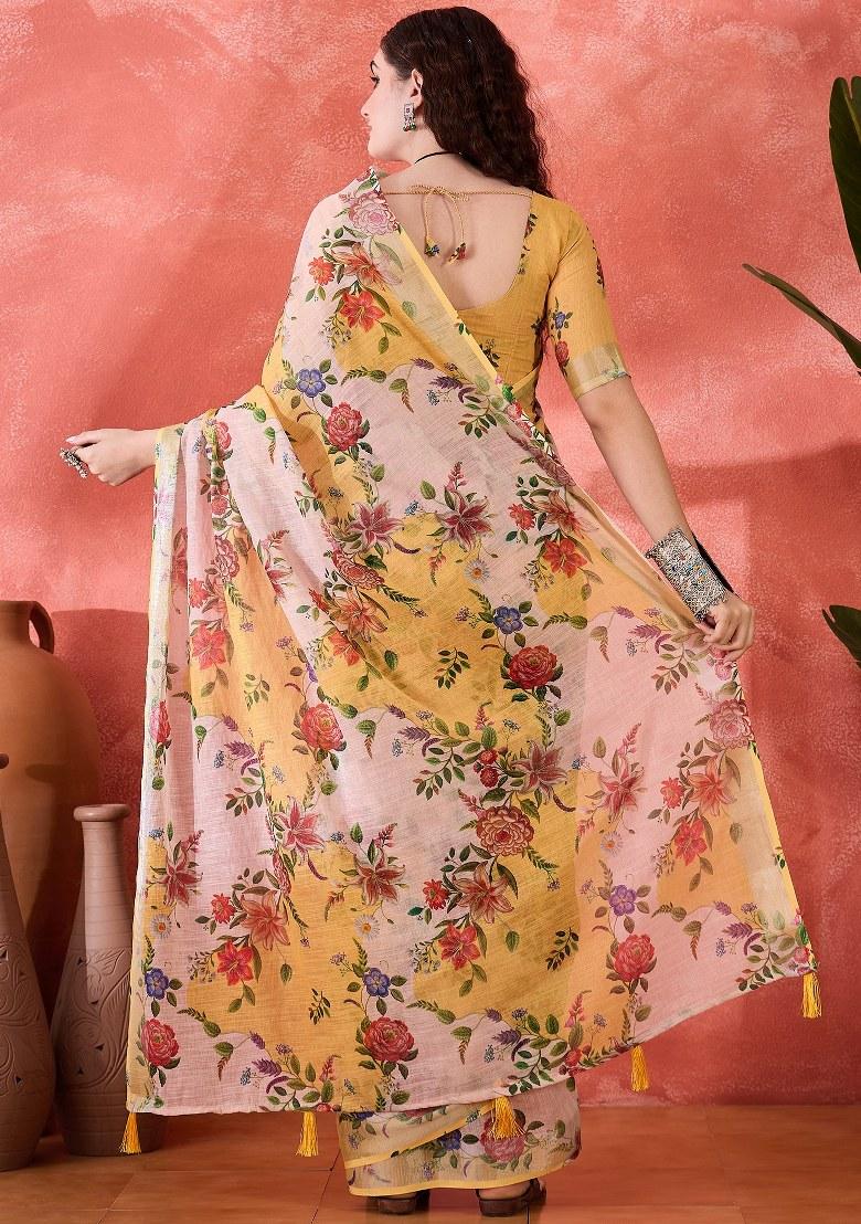 Multicolor Embroidered Cotton Blend Saree Set