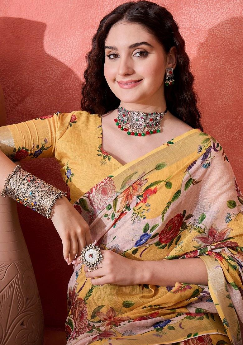 Multicolor Embroidered Cotton Blend Saree Set