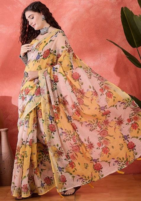 Multicolor Embroidered Cotton Blend Saree Set