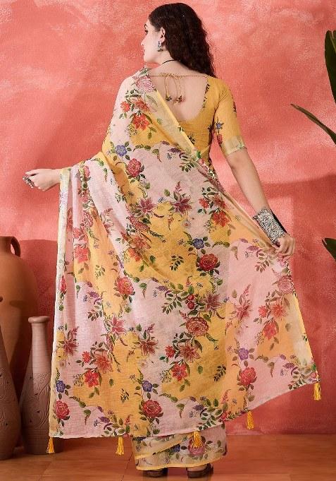 Multicolor Embroidered Cotton Blend Saree Set