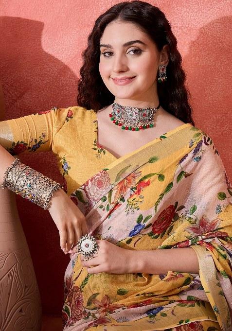 Multicolor Embroidered Cotton Blend Saree Set